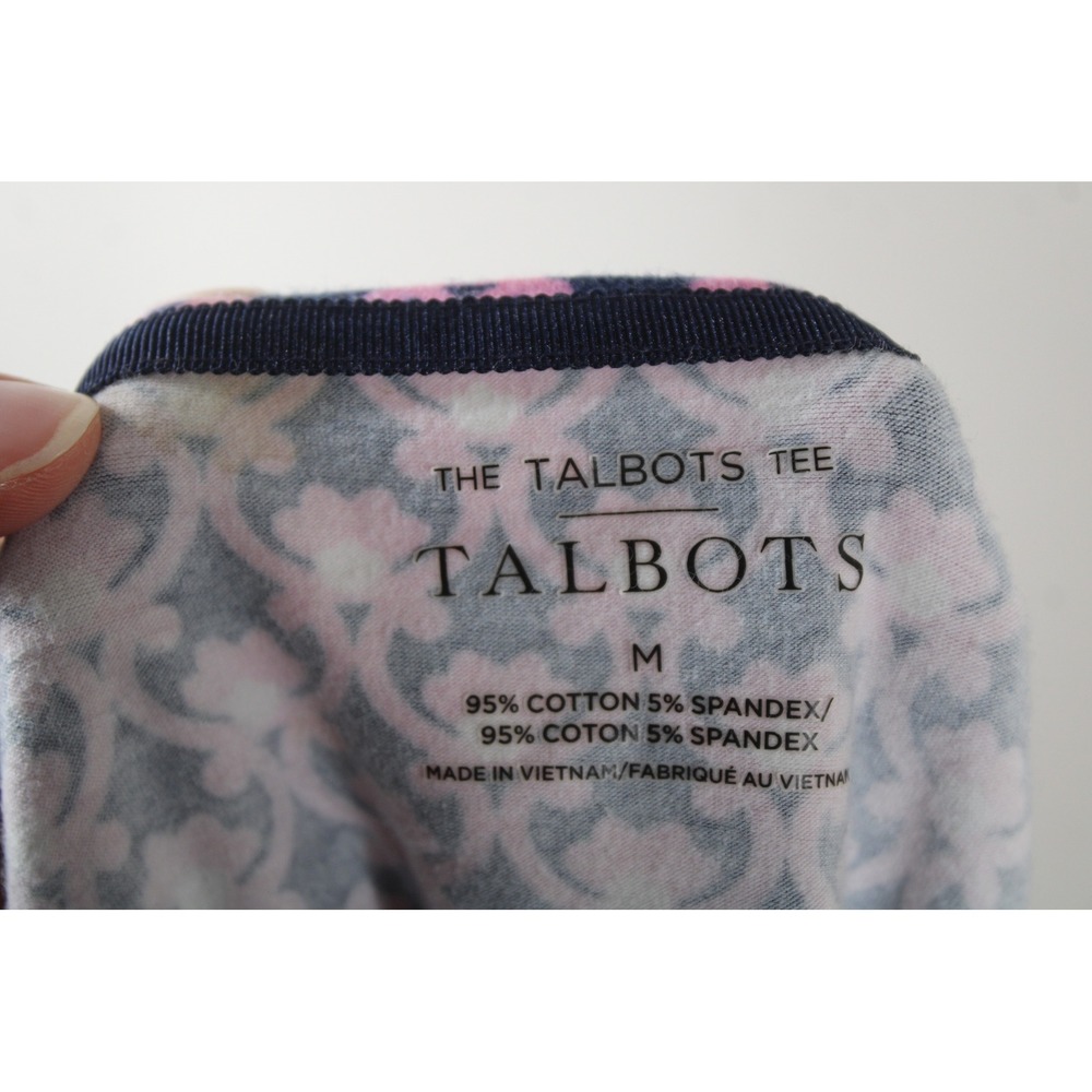 Talbots Size M Pink Navy Blue Floral Geometric Boatneck 3/4 Sleeve Tee Top - Picture 5 of 7